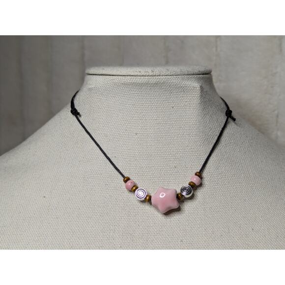 Pink Star Y2K Hippie Boho Ceramic Silver Swirl Spiral Beaded Choker Necklace - Picture 3 of 3